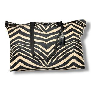 Coach Devin X-Large Black & Tan Zebra Print Nylon Tote Bag